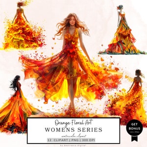 Könnte beinhalten: Vier Aquarell-Illustrationen von Frauen in orangefarbenen und gelben Kleidern aus Blättern und Blumen. Die Kleider sind fließend und haben einen verspielten Charakter. Der Hintergrund ist weiß.