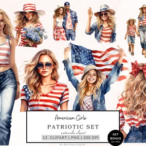 Clipart ragazza americana, clipart del 4 luglio, ragazza patriottica, coppia americana, famiglia americana, bandiera dell'America, clipart acquerello stampabile