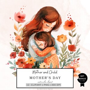 Watercolor Mothers Day Clipart, Mother and Child Clipart, Happy Mothers Day Png, Floral Mom&#39;s Day Graphics, Commercial Use, Digital Download