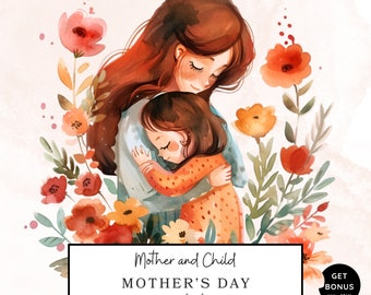 Watercolor Mothers Day Clipart, Mother and Child Clipart, Happy Mothers Day Png, Floral Mom's Day Graphics, Commercial Use, Digital Download