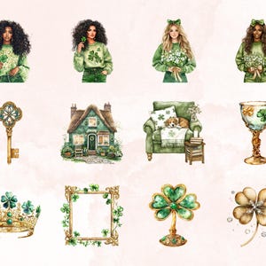 May include: A set of watercolour illustrations featuring a variety of St. Patrick's Day themed imagery, including a key, a house, a chair, a glass, a crown, a frame, a shamrock, and four women holding shamrocks.