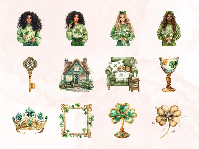 May include: A set of watercolour illustrations featuring a variety of St. Patrick's Day themed imagery, including a key, a house, a chair, a glass, a crown, a frame, a shamrock, and four women holding shamrocks.