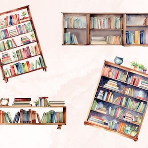 May include: Four wooden bookshelves filled with colorful books. The bookshelves are in different styles and sizes, and some are tilted at an angle. The bookshelves are on a white background.
