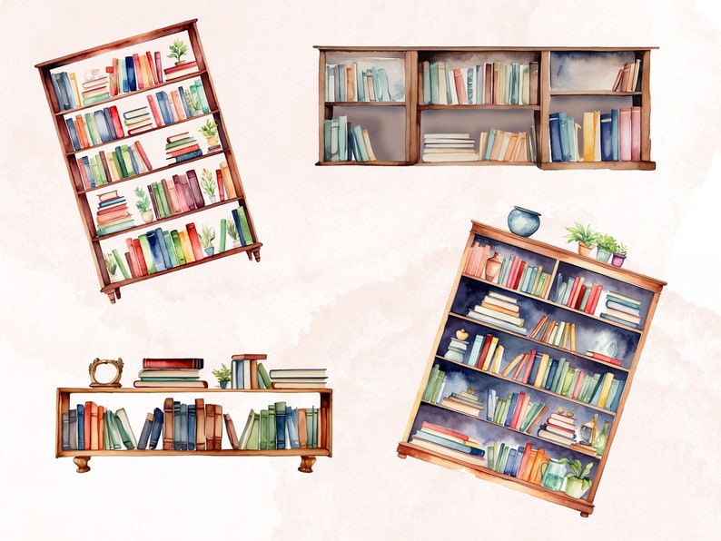May include: Four wooden bookshelves filled with colorful books. The bookshelves are in different styles and sizes, and some are tilted at an angle. The bookshelves are on a white background.