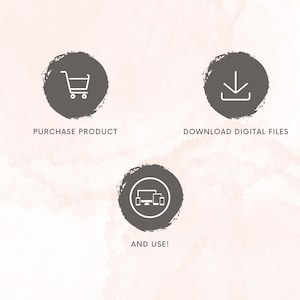May include: Three circular icons with white outlines and text on a watercolor background. The first icon shows a shopping cart with the text "PURCHASE PRODUCT". The second icon shows a downward arrow with the text "DOWNLOAD DIGITAL FILES". The third icon shows a computer, tablet, and phone with the text "AND USE!"