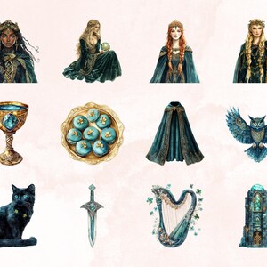K&ouml;nnte beinhalten: Ein Satz digitaler Illustrationen mit verschiedenen magischen Gegenst&auml;nden und Figuren. Die Illustrationen sind im fantasievollen Stil mit einem gr&uuml;n-goldenen Farbschema gehalten. Die Gegenst&auml;nde umfassen einen Kelch, einen Umhang, eine Harfe, ein Schwert, eine Katze, eine Eule, einen Turm und einen Teller mit Keksen. Die Figuren umfassen eine Frau mit einer Krone, eine Frau mit einer Krone und einem Umhang und eine Frau mit einer Krone und einem Kranz.