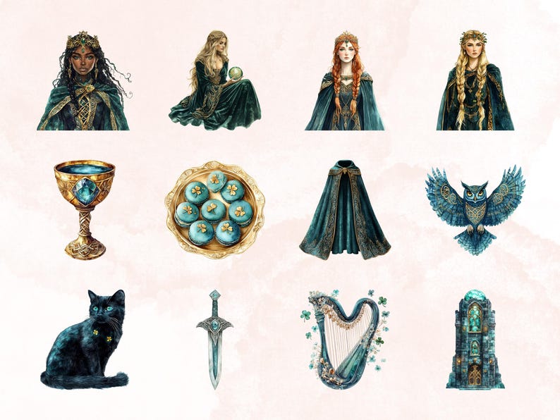K&ouml;nnte beinhalten: Ein Satz digitaler Illustrationen mit verschiedenen magischen Gegenst&auml;nden und Figuren. Die Illustrationen sind im fantasievollen Stil mit einem gr&uuml;n-goldenen Farbschema gehalten. Die Gegenst&auml;nde umfassen einen Kelch, einen Umhang, eine Harfe, ein Schwert, eine Katze, eine Eule, einen Turm und einen Teller mit Keksen. Die Figuren umfassen eine Frau mit einer Krone, eine Frau mit einer Krone und einem Umhang und eine Frau mit einer Krone und einem Kranz.