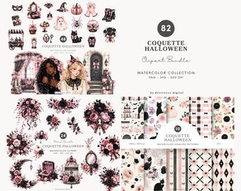 Aquarell-Halloween-Clipart-Kollektion „Coquette“, rosa-gothisches PNG, schwarze Katzenblumen, nahtlose Muster, digitaler Download