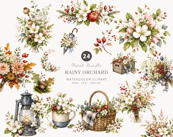 Aquarell Regnerischer Obstgarten Blumen Clipart, Apfelblüte PNG, Herbststrauß Grafiken, Cottagecore Botanische Kunst - 579