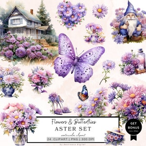 Może przedstawiać: Zestaw cyfrowych grafik z akwarelowymi ilustracjami fioletowych i różowych kwiatów astrów, motyli i gnoma. Zestaw zawiera 24 obrazy, każdy o rozdzielczości 300 DPI.