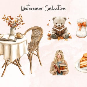 May include: Watercolour illustration collection featuring a cosy table setting with two chairs, a book, and a cup of coffee, a teddy bear reading a book, a pair of white boots with orange bows, a woman holding a stack of books, and a slice of cake on a white plate.