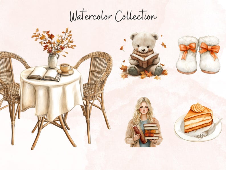 May include: Watercolour illustration collection featuring a cosy table setting with two chairs, a book, and a cup of coffee, a teddy bear reading a book, a pair of white boots with orange bows, a woman holding a stack of books, and a slice of cake on a white plate.