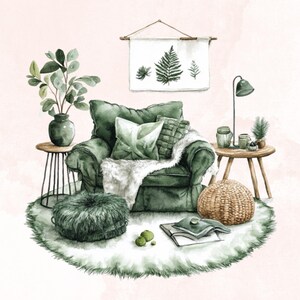 May include: A green armchair with a white faux fur throw and green pillows sits on a white fluffy rug. A small side table with a vase of green plants and a woven ottoman are nearby. The room is decorated with a green and white tapestry with a fern design.