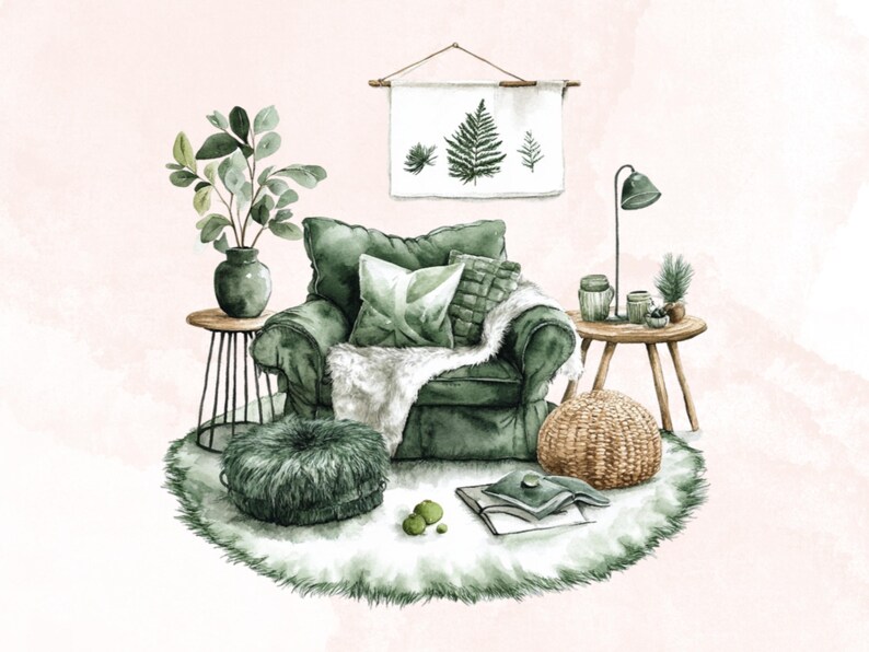 May include: A green armchair with a white faux fur throw and green pillows sits on a white fluffy rug. A small side table with a vase of green plants and a woven ottoman are nearby. The room is decorated with a green and white tapestry with a fern design.