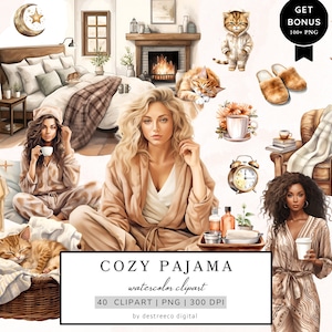 Aquarel gezellige pyjamadag clipart, zelfzorg clipart, pyjamameisje clipart, gezellig bed png, pyjamafeest graphics, kussens, digitale stickers