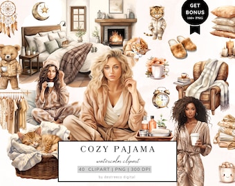 Watercolor Cozy Pajama Day Clipart, Self Care Clipart, Pajama Girl Clipart, Cozy Bed Png, Pajama Party Graphics, Pillows, Digital Stickers