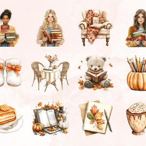 May include: A collection of autumn-themed illustrations featuring a cosy armchair, a pair of fluffy slippers, a table with a vase of flowers, a teddy bear reading a book, a pumpkin filled with pencils, a notebook with autumn leaves, a slice of pumpkin pie, and a cup of hot chocolate.