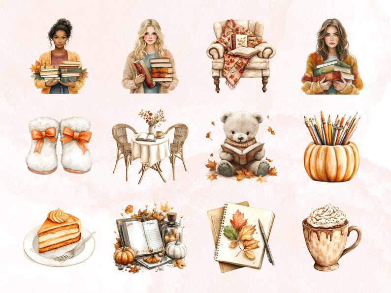 May include: A collection of autumn-themed illustrations featuring a cosy armchair, a pair of fluffy slippers, a table with a vase of flowers, a teddy bear reading a book, a pumpkin filled with pencils, a notebook with autumn leaves, a slice of pumpkin pie, and a cup of hot chocolate.
