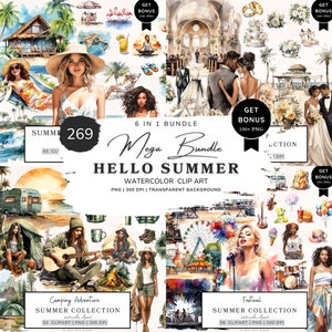 Pacote de clipart de verão Hello, gráficos de aquarela de verão PNG, feriado, viagem, acampamento, casamento, oceano, praia, festival, sorvete, submarino