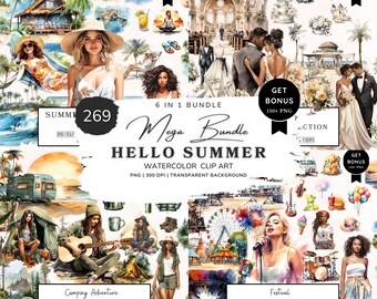 Hello Summer Clipart Bundle, Watercolor Summer Png Graphics, Holiday, Travel, Camping, Wedding, Ocean, Beach, Festival, Ice Cream, Undersea