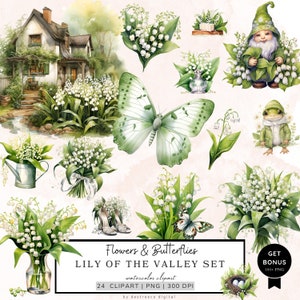 Clipart muguet et papillons, fleurs sauvages, fleurs Png, clipart Cottagecore, Floral Png, clipart aquarelle, téléchargement