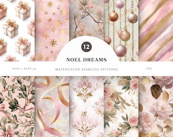 Watercolor Noel Dreams Seamless Patterns, Noel Pattern, Elegant Christmas Patterns, Repeating Pattern, Scrapbook Paper, Digital Paper