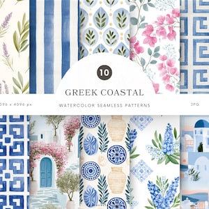 Diseños sin costuras de islas griegas en acuarela, papel digital floral azul, álbum de recortes con azulejos mediterráneos JPG - P67