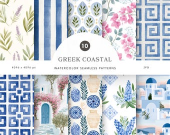 Aquarell griechische Insel nahtlose Muster, blaues digitales Papier mit Blumenmuster, mediterrane Fliesen Scrapbook JPG - P67