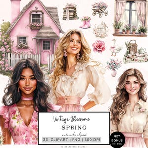 May include: A digital illustration set of 36 spring-themed watercolor clipart images. The set includes images of women, flowers, a house, a bicycle, and other spring-themed elements. The text "Vintage Blossoms Spring Watercolor Clipart 36 Clipart | PNG | 300 DPI by destreeco digital" is included in the image.