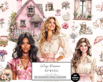May include: A digital illustration set of 36 spring-themed watercolor clipart images. The set includes images of women, flowers, a house, a bicycle, and other spring-themed elements. The text "Vintage Blossoms Spring Watercolor Clipart 36 Clipart | PNG | 300 DPI by destreeco digital" is included in the image.