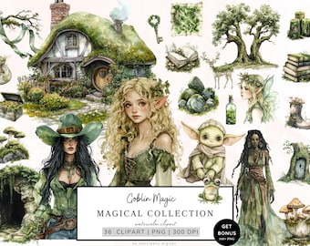 Clipart mágico de acuarela, clipart de bruja duende, bruja mágica verde png, clipart místico, clipart de brujería, clipart de fantasía, descarga digital