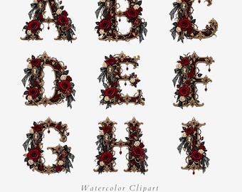 Vamp Romantic Alphabet Clipart, Gothic Rose Monogram Letters, 26 PNG Set - 676