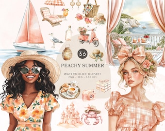 Clipart de acuarela de verano melocotón, Estética playera PNG, Gráficos de moda costera, Verano elegante PNG, Clipart del océano, Descarga digital