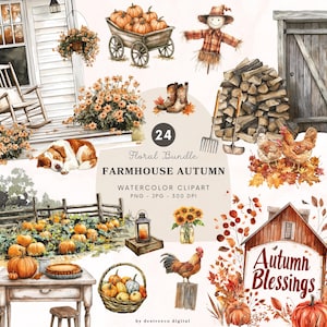 May include: Watercolor clipart bundle featuring a farmhouse autumn theme. The image includes pumpkins, a scarecrow, a dog, a rooster, and a wooden cart filled with pumpkins. The text "Autumn Blessings" is also visible.