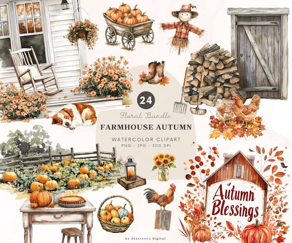 Watercolor Farmhouse Autumn Clipart, Cozy Fall Clipart, Autumn Harvest Png, Rustic Fall Aesthetics, Cottagecore Clipart, Digital Download