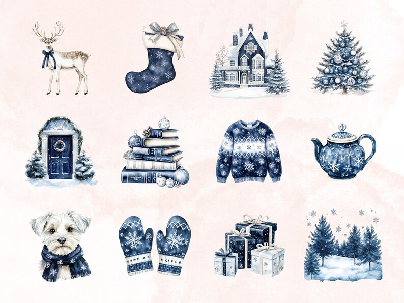 May include: Watercolor illustrations of winter and Christmas-themed items. Includes a reindeer, stocking, house, Christmas tree, door, books, sweater, teapot, dog, mittens, gifts, and a snowy landscape. All items are in shades of blue and white.
