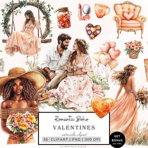 Valentinstag Clipart Bundle, romantische Boho Clipart, Aquarell Paar Clipart, Happy Valentine Grafik, Herz, Niedlichkeit Png, digitaler Download