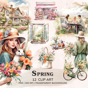 Clipart printemps aquarelle, lot de cliparts collection printemps douillet, Png déco printanière, fleurs sauvages printanières, autocollants numériques saisonniers, fille Png