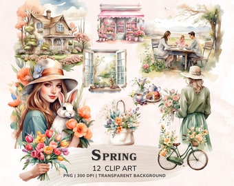 Watercolor Spring Clipart, Cozy Spring Collection Clipart Bundle, Spring Decor Png, Spring Wild Flowers, Seasonal Digital Stickers, Girl Png