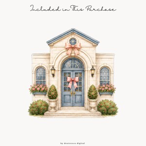 May include: A digital illustration of a cream-colored building facade with blue double doors, arched windows, and a blue roof. The entrance features two pink bows, two potted topiary trees, and two window boxes filled with pink flowers. Text reads Included in This Purchase.