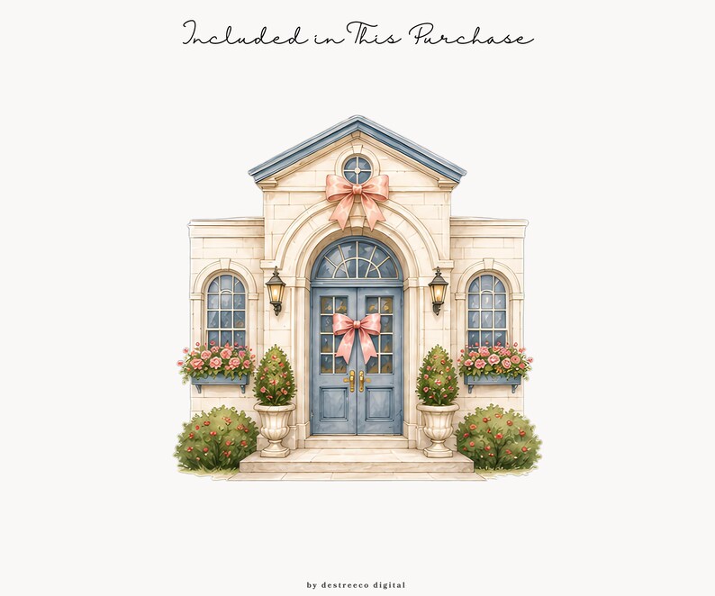 May include: A digital illustration of a cream-colored building facade with blue double doors, arched windows, and a blue roof. The entrance features two pink bows, two potted topiary trees, and two window boxes filled with pink flowers. Text reads Included in This Purchase.