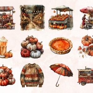 Puede incluir: Una ilustraci&oacute;n de acuarela de varios art&iacute;culos oto&ntilde;ales, incluyendo calabazas, una tarta de calabaza, un su&eacute;ter de tem&aacute;tica oto&ntilde;al, un cami&oacute;n de comida rojo, una bebida de caf&eacute; y un puesto de mercado que vende calabazas.