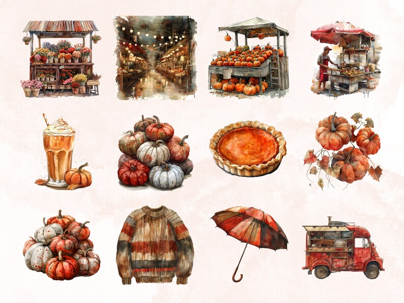 Puede incluir: Una ilustraci&oacute;n de acuarela de varios art&iacute;culos oto&ntilde;ales, incluyendo calabazas, una tarta de calabaza, un su&eacute;ter de tem&aacute;tica oto&ntilde;al, un cami&oacute;n de comida rojo, una bebida de caf&eacute; y un puesto de mercado que vende calabazas.