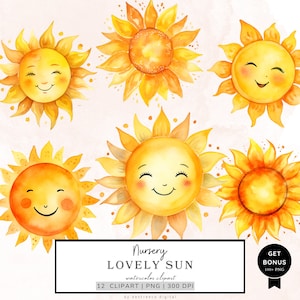 Imágenes prediseñadas de sol de acuarela, imágenes prediseñadas de verano, impresión de guardería, sol encantador, sol cálido, sol de verano png, fabricación de tarjetas, medios mixtos, descarga digital