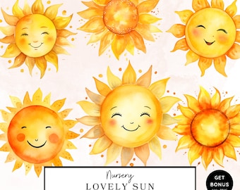 Clipart akwarelowy słońce, clipart letni, wydruk dziecięcy, piękne słońce, ciepłe słońce, letnie słońce png, tworzenie kartek, technika mieszana, pobieranie cyfrowe