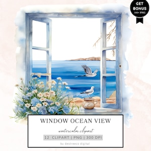 Watercolor Window Ocean View Clipart, Ocean Clipart, Window to Sea Clipart, Landscape Clipart, Printable Watercolor Clipart Png, Mixed Media