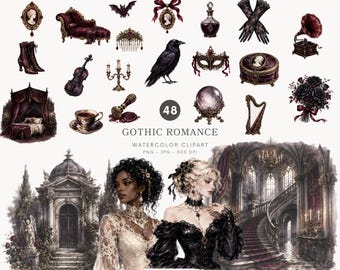 Aquarell-Cliparts im Stil gotischer Romantik, dunkle viktorianische PNG-Dateien, Grafiken für gotische Hochzeiten, Halloween-Cliparts – 584