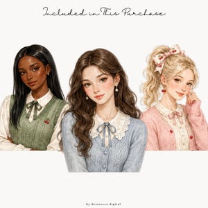 May include: Three digital illustrations of young people with distinct styles. The text 'Included in This Purchase' appears at the top, and 'by destreeco digital' at the bottom. Each figure wears a collared top, with cherry accents visible.