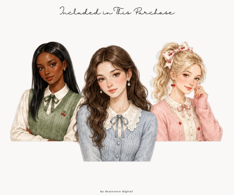 May include: Three digital illustrations of young people with distinct styles. The text 'Included in This Purchase' appears at the top, and 'by destreeco digital' at the bottom. Each figure wears a collared top, with cherry accents visible.