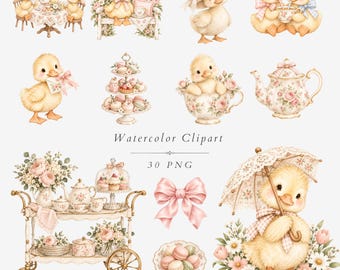 Watercolor Duckling Clipart Bundle, Vintage Floral Tea Party, Baby Duck Images - 659
